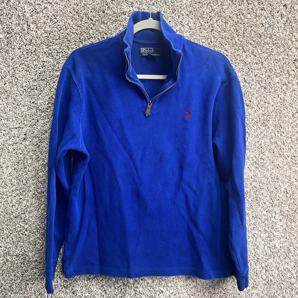 Polo Ralph Lauren Sweater Men's Medium Blue 1/4 Zip Ribbed Knit Cotton Pullover